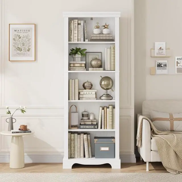 Alt view image 3 of 7 - 5-Tier Bookshelves and Bookcases, 61.1 inch Tall Bookshelf with Ample Storage Space, Wooden Bookcase, Modern Bookshelf for Study Room, Living Room, Home Office, Bedroom (White)