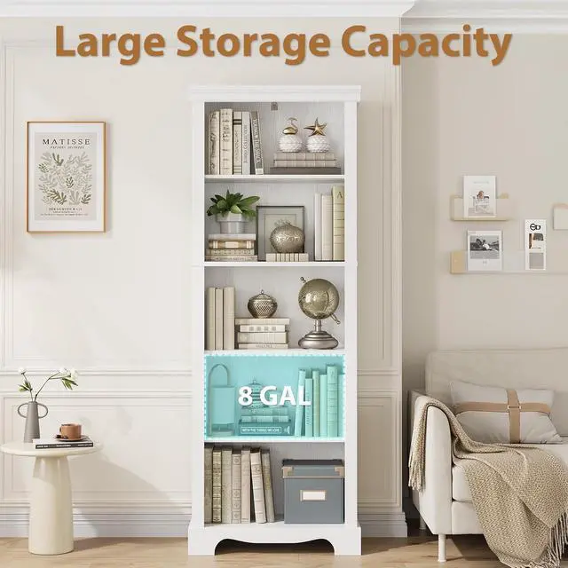 Alt view image 6 of 7 - 5-Tier Bookshelves and Bookcases, 61.1 inch Tall Bookshelf with Ample Storage Space, Wooden Bookcase, Modern Bookshelf for Study Room, Living Room, Home Office, Bedroom (White)