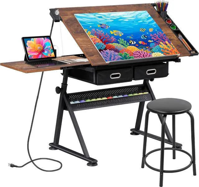 Main image of Drafting Table Art Desk w/Power Outlet and Stool, Adjustable Tilting Drawing Table Artist Desk with 2 Storage Drawers, Art Craft Work Station for Home Office Working, Writing, Crafting