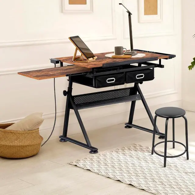 Alt view image 2 of 7 - Drafting Table Art Desk w/Power Outlet and Stool, Adjustable Tilting Drawing Table Artist Desk with 2 Storage Drawers, Art Craft Work Station for Home Office Working, Writing, Crafting