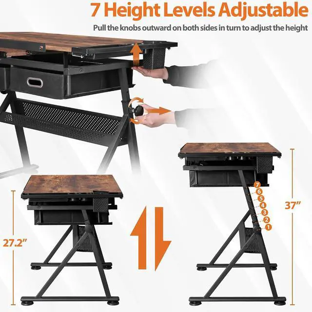 Alt view image 3 of 7 - Drafting Table Art Desk w/Power Outlet and Stool, Adjustable Tilting Drawing Table Artist Desk with 2 Storage Drawers, Art Craft Work Station for Home Office Working, Writing, Crafting