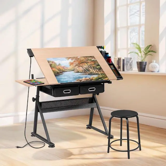 Alt view image 2 of 7 - Drafting Table Art Desk w/Power Outlet and Stool, Adjustable Tilting Drawing Table Artist Desk with 2 Storage Drawers, Art Craft Work Station for Home Office Working, Writing, Crafting
