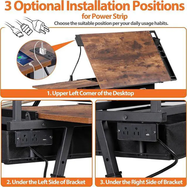 Alt view image 6 of 7 - Drafting Table Art Desk w/Power Outlet and Stool, Adjustable Tilting Drawing Table Artist Desk with 2 Storage Drawers, Art Craft Work Station for Home Office Working, Writing, Crafting
