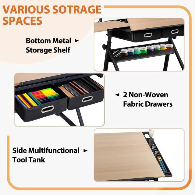 Alt view image 4 of 7 - Drafting Table Art Desk w/Power Outlet and Stool, Adjustable Tilting Drawing Table Artist Desk with 2 Storage Drawers, Art Craft Work Station for Home Office Working, Writing, Crafting