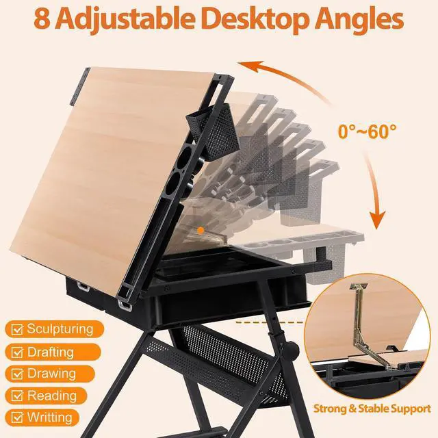 Alt view image 7 of 7 - Drafting Table Art Desk w/Power Outlet and Stool, Adjustable Tilting Drawing Table Artist Desk with 2 Storage Drawers, Art Craft Work Station for Home Office Working, Writing, Crafting
