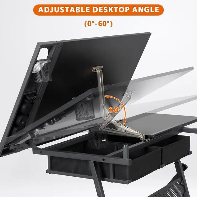 Alt view image 6 of 7 - Drafting Desks with 2 Storage Drawers, Height Adjustable Drawing Tables for Painters, Working, Writing, Home Office, Black