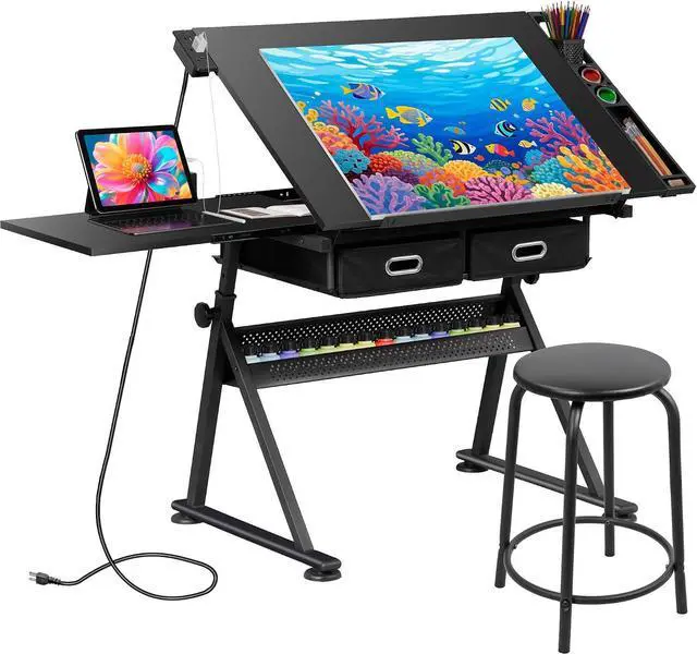 Main image of Drafting Table Art Desk w/Power Outlet and Stool, Adjustable Tilting Drawing Table Artist Desk with 2 Storage Drawers, Art Craft Work Station for Home Office Working, Writing, Crafting
