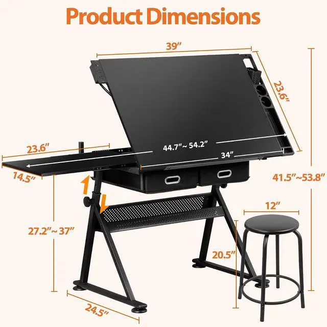 Alt view image 3 of 7 - Drafting Table Art Desk w/Power Outlet and Stool, Adjustable Tilting Drawing Table Artist Desk with 2 Storage Drawers, Art Craft Work Station for Home Office Working, Writing, Crafting