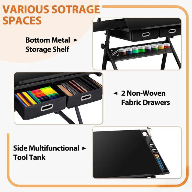 Alt view image 5 of 7 - Drafting Table Art Desk w/Power Outlet and Stool, Adjustable Tilting Drawing Table Artist Desk with 2 Storage Drawers, Art Craft Work Station for Home Office Working, Writing, Crafting