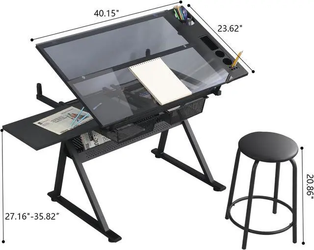 Alt view image 2 of 7 - Black Drafting Table Desk w/Stool, Painting Table Art Craft Desk Crafting Table with Tilting Tempered Glass Top, 2 Storage Drawers, Height Adjustable