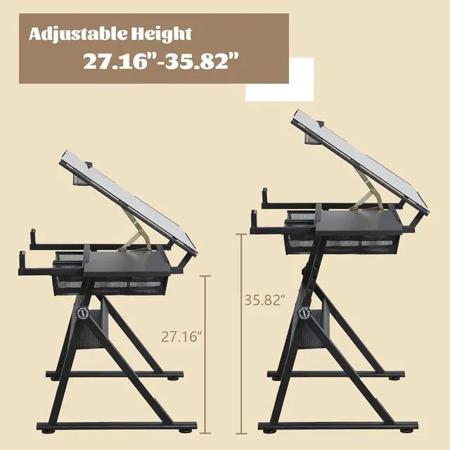 Alt view image 3 of 7 - Black Drafting Table Desk w/Stool, Painting Table Art Craft Desk Crafting Table with Tilting Tempered Glass Top, 2 Storage Drawers, Height Adjustable