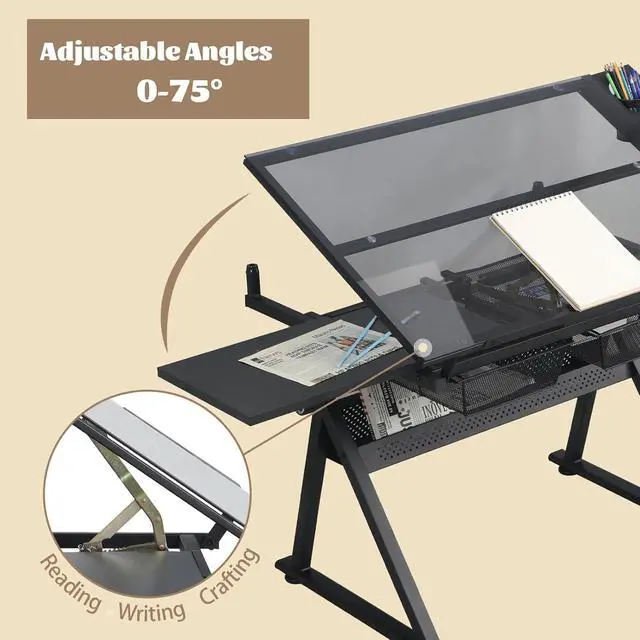 Alt view image 4 of 7 - Black Drafting Table Desk w/Stool, Painting Table Art Craft Desk Crafting Table with Tilting Tempered Glass Top, 2 Storage Drawers, Height Adjustable