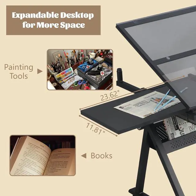 Alt view image 6 of 7 - Black Drafting Table Desk w/Stool, Painting Table Art Craft Desk Crafting Table with Tilting Tempered Glass Top, 2 Storage Drawers, Height Adjustable