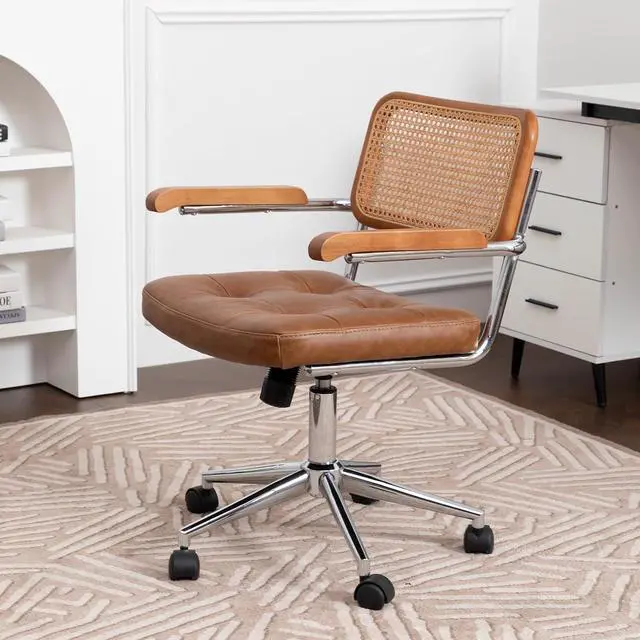 Main image of Rattan Office Chairs, Modern Desk Chair with Natural Rattan Back & Wood Armrest, Small Upholstered Tufted Leather Home Office Desk Chairs for Home Ofice, Bedroom, Study (Brown, Genuine leather)