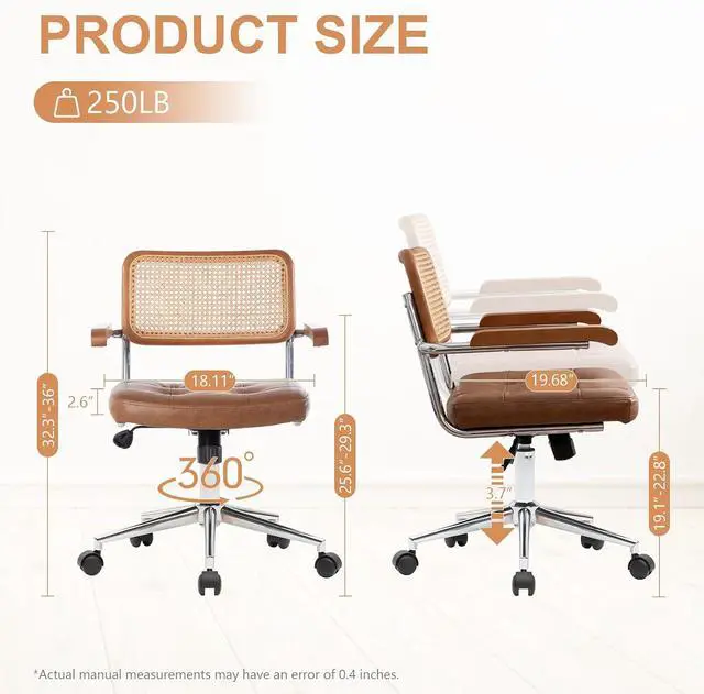 Alt view image 2 of 7 - Rattan Office Chairs, Modern Desk Chair with Natural Rattan Back & Wood Armrest, Small Upholstered Tufted Leather Home Office Desk Chairs for Home Ofice, Bedroom, Study (Brown, Genuine leather)