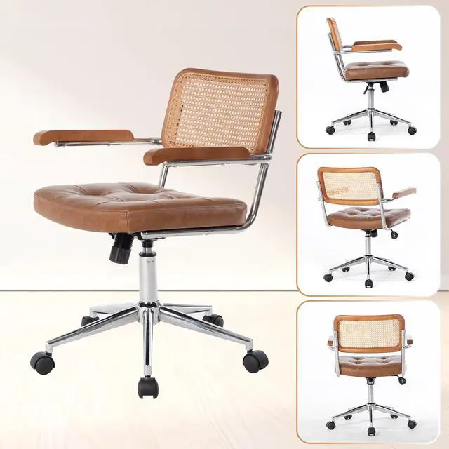 Alt view image 3 of 7 - Rattan Office Chairs, Modern Desk Chair with Natural Rattan Back & Wood Armrest, Small Upholstered Tufted Leather Home Office Desk Chairs for Home Ofice, Bedroom, Study (Brown, Genuine leather)
