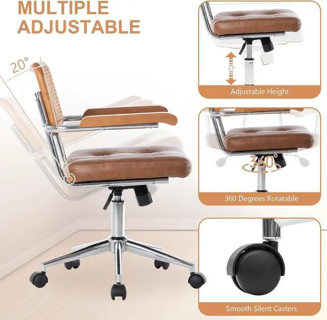 Alt view image 4 of 7 - Rattan Office Chairs, Modern Desk Chair with Natural Rattan Back & Wood Armrest, Small Upholstered Tufted Leather Home Office Desk Chairs for Home Ofice, Bedroom, Study (Brown, Genuine leather)