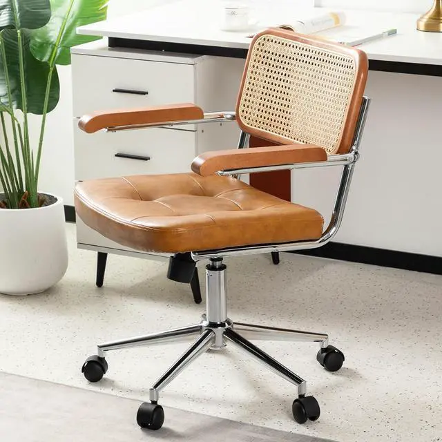 Main image of Rattan Office Chairs, Modern Rattan Desk Chair with Natural Back & Wood Armrest, Small Upholstered Tufted Leather Home Office Desk Chairs for Home Ofice, Bedroom, Study, Brown