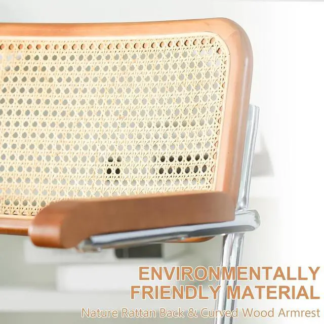 Alt view image 6 of 7 - Rattan Office Chairs, Modern Desk Chair with Natural Rattan Back & Wood Armrest, Small Upholstered Tufted Leather Home Office Desk Chairs for Home Ofice, Bedroom, Study (Brown, Genuine leather)