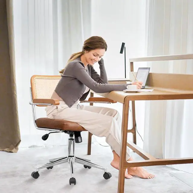 Alt view image 7 of 7 - Rattan Office Chairs, Modern Desk Chair with Natural Rattan Back & Wood Armrest, Small Upholstered Tufted Leather Home Office Desk Chairs for Home Ofice, Bedroom, Study (Brown, Genuine leather)