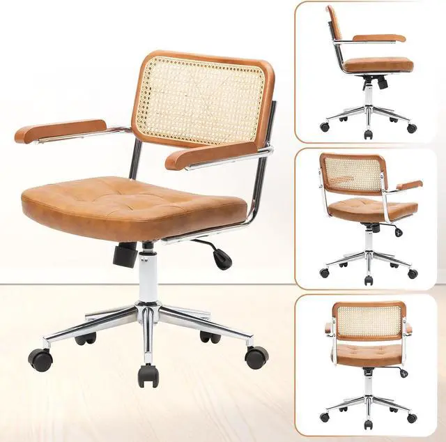 Alt view image 3 of 7 - Rattan Office Chairs, Modern Rattan Desk Chair with Natural Back & Wood Armrest, Small Upholstered Tufted Leather Home Office Desk Chairs for Home Ofice, Bedroom, Study, Brown