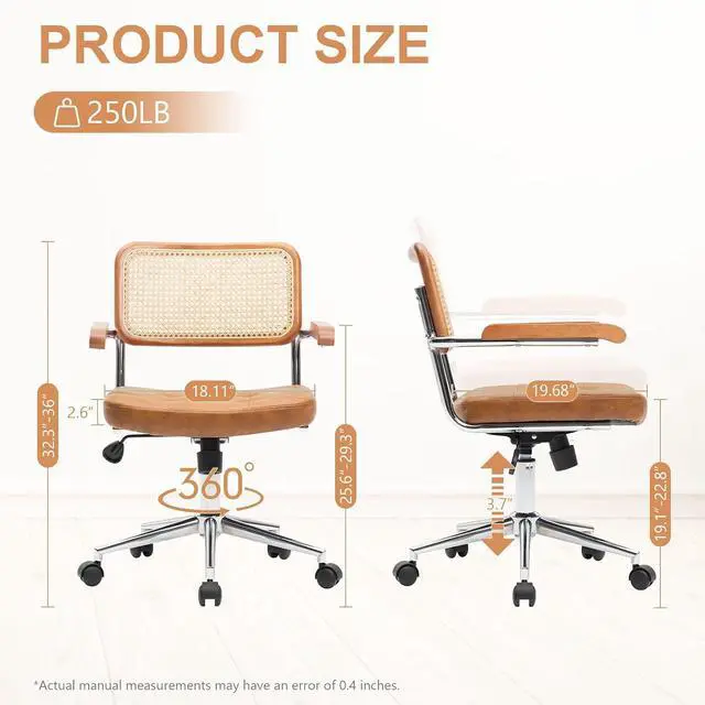 Alt view image 2 of 7 - Rattan Office Chairs, Modern Rattan Desk Chair with Natural Back & Wood Armrest, Small Upholstered Tufted Leather Home Office Desk Chairs for Home Ofice, Bedroom, Study, Brown