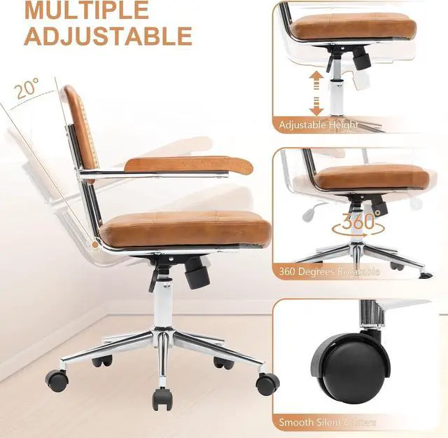 Alt view image 6 of 7 - Rattan Office Chairs, Modern Rattan Desk Chair with Natural Back & Wood Armrest, Small Upholstered Tufted Leather Home Office Desk Chairs for Home Ofice, Bedroom, Study, Brown