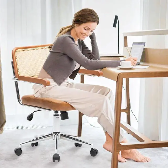 Alt view image 7 of 7 - Rattan Office Chairs, Modern Rattan Desk Chair with Natural Back & Wood Armrest, Small Upholstered Tufted Leather Home Office Desk Chairs for Home Ofice, Bedroom, Study, Brown