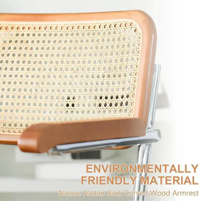 Alt view image 5 of 7 - Rattan Office Chairs, Modern Rattan Desk Chair with Natural Back & Wood Armrest, Small Upholstered Tufted Leather Home Office Desk Chairs for Home Ofice, Bedroom, Study, Brown