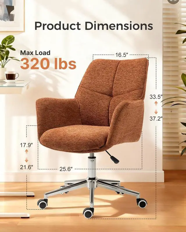 Alt view image 2 of 7 - Home Office Desk Chair Swivel Ergonomic Computer Chair with Rolling Wheels, Adjustable Height Accent Armchair Upholstered Chenille for Living Room, Home Office, Study, Make Up, Orange