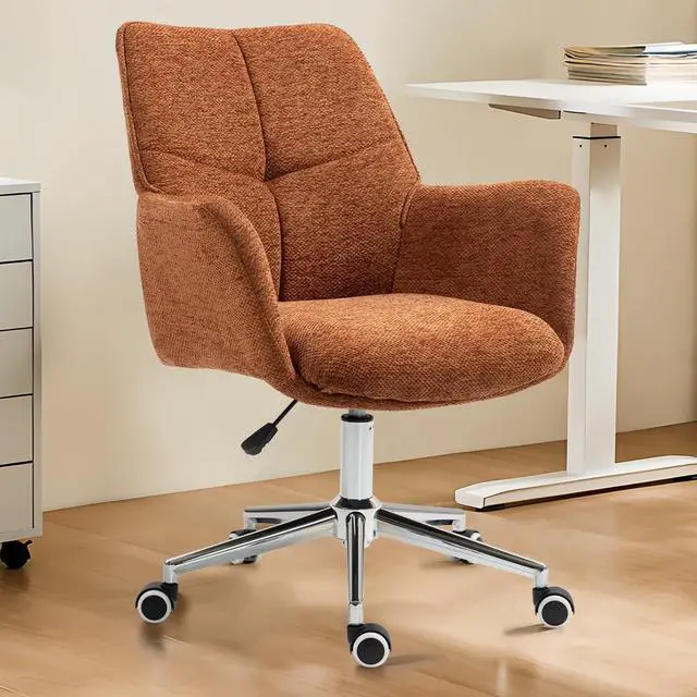 Main image of Home Office Desk Chair Swivel Ergonomic Computer Chair with Rolling Wheels, Adjustable Height Accent Armchair Upholstered Chenille for Living Room, Home Office, Study, Make Up, Orange
