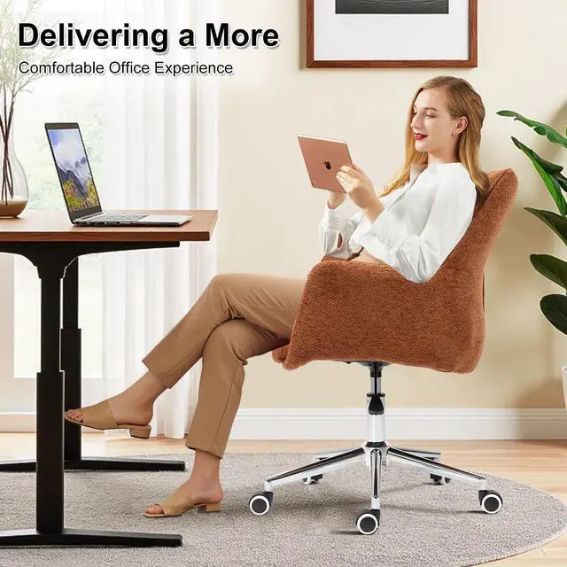 Alt view image 7 of 7 - Home Office Desk Chair Swivel Ergonomic Computer Chair with Rolling Wheels, Adjustable Height Accent Armchair Upholstered Chenille for Living Room, Home Office, Study, Make Up, Orange