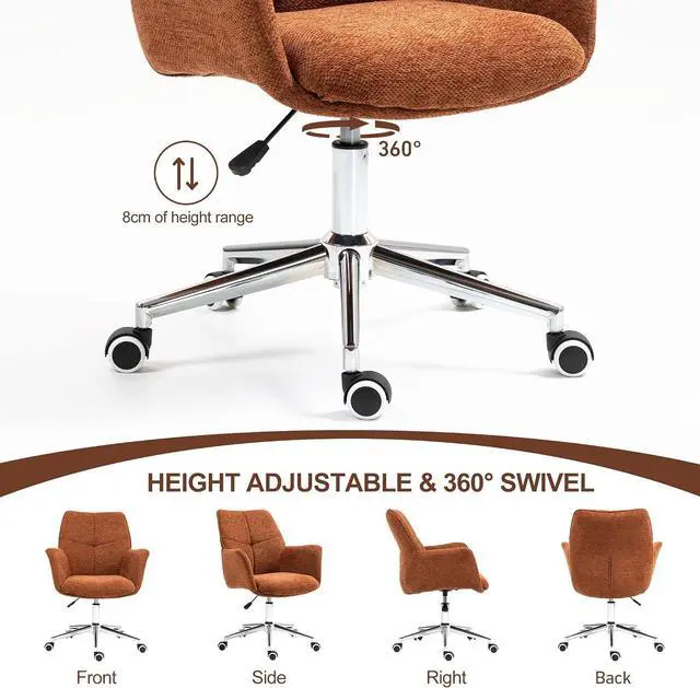 Alt view image 4 of 7 - Home Office Desk Chair Swivel Ergonomic Computer Chair with Rolling Wheels, Adjustable Height Accent Armchair Upholstered Chenille for Living Room, Home Office, Study, Make Up, Orange