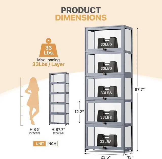 Alt view image 2 of 7 - Display Cabinet, 5-Tier Curio Cabinet with Acrylic Doors | 68" Tall, 33Lbs per Shelf, Flip-up Door w/ Hidden Recess, for Collectibles, Living Room, Grey
