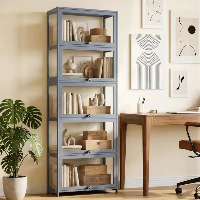 Main image of Display Cabinet, 5-Tier Curio Cabinet with Acrylic Doors | 68" Tall, 33Lbs per Shelf, Flip-up Door w/ Hidden Recess, for Collectibles, Living Room, Grey