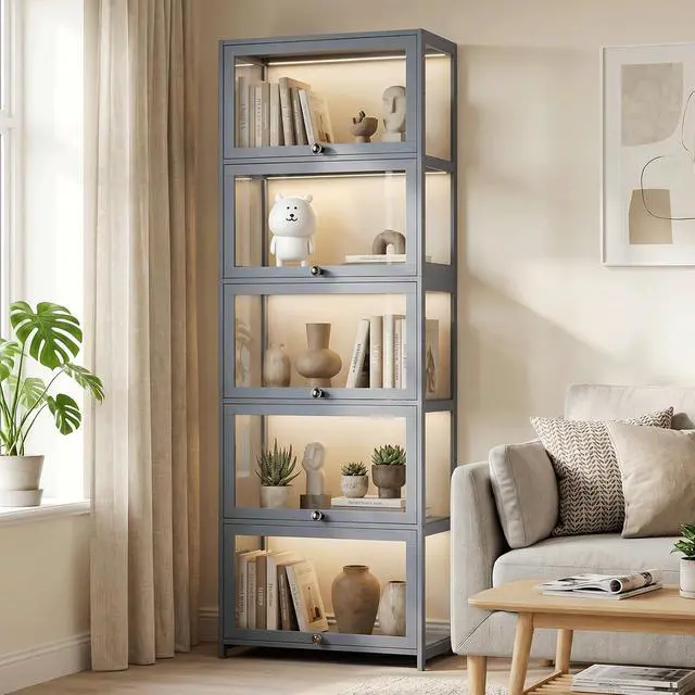Alt view image 3 of 7 - Display Cabinet, 5-Tier Curio Cabinet with Acrylic Doors | 68" Tall, 33Lbs per Shelf, Flip-up Door w/ Hidden Recess, for Collectibles, Living Room, Grey