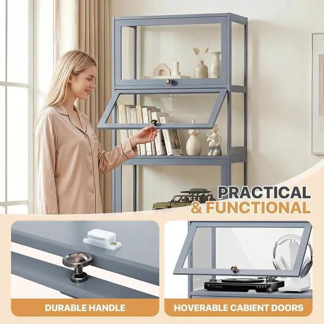 Alt view image 5 of 7 - Display Cabinet, 5-Tier Curio Cabinet with Acrylic Doors | 68" Tall, 33Lbs per Shelf, Flip-up Door w/ Hidden Recess, for Collectibles, Living Room, Grey