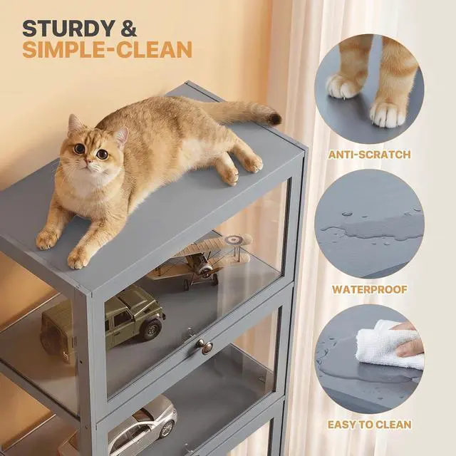 Alt view image 6 of 7 - Display Cabinet, 5-Tier Curio Cabinet with Acrylic Doors | 68" Tall, 33Lbs per Shelf, Flip-up Door w/ Hidden Recess, for Collectibles, Living Room, Grey