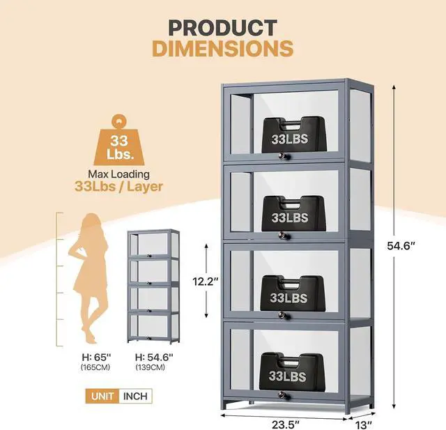 Alt view image 2 of 7 - Display Cabinet, 4-Tier Curio Cabinet with Acrylic Doors | 55" Tall, 33Lbs per Shelf, Flip-up Door w/ Hidden Recess, for Collectibles, Living Room, Grey
