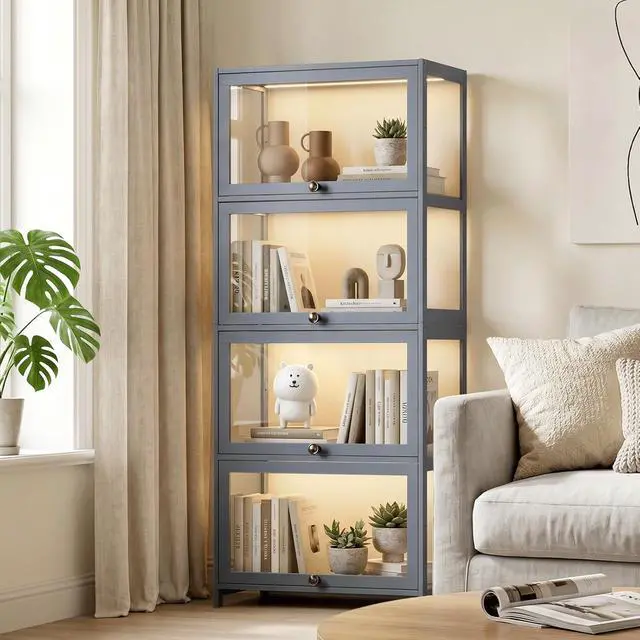 Alt view image 3 of 7 - Display Cabinet, 4-Tier Curio Cabinet with Acrylic Doors | 55" Tall, 33Lbs per Shelf, Flip-up Door w/ Hidden Recess, for Collectibles, Living Room, Grey