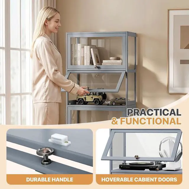 Alt view image 5 of 7 - Display Cabinet, 4-Tier Curio Cabinet with Acrylic Doors | 55" Tall, 33Lbs per Shelf, Flip-up Door w/ Hidden Recess, for Collectibles, Living Room, Grey