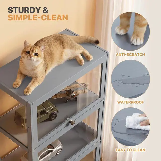 Alt view image 6 of 7 - Display Cabinet, 4-Tier Curio Cabinet with Acrylic Doors | 55" Tall, 33Lbs per Shelf, Flip-up Door w/ Hidden Recess, for Collectibles, Living Room, Grey