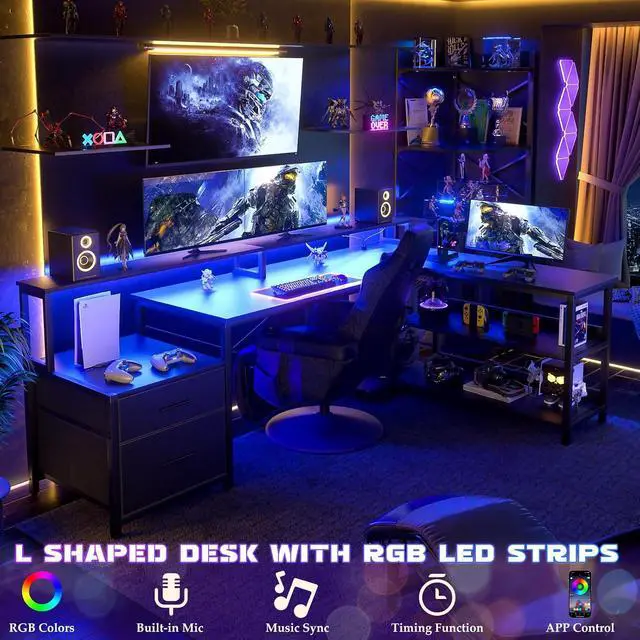 Alt view image 3 of 7 - L Shaped Desk with Power Outlet, Reversible L Shaped Computer Desk with File Drawer & Monitor Stand, Gaming Desks with LED Strip, Home Office Desks with Storage Shelf,1Black