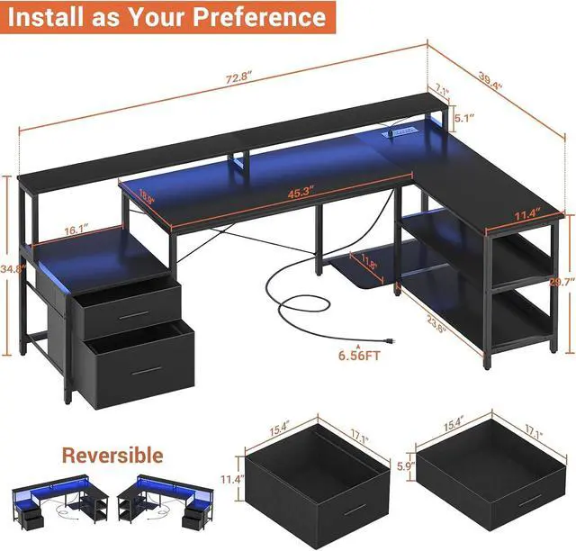 Alt view image 2 of 7 - L Shaped Desk with Power Outlet, Reversible L Shaped Computer Desk with File Drawer & Monitor Stand, Gaming Desks with LED Strip, Home Office Desks with Storage Shelf,1Black