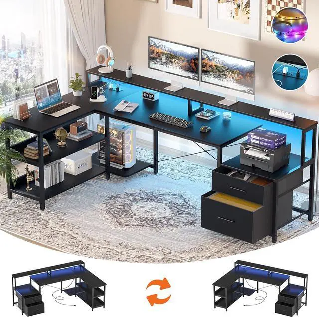 Main image of L Shaped Desk with Power Outlet, Reversible L Shaped Computer Desk with File Drawer & Monitor Stand, Gaming Desks with LED Strip, Home Office Desks with Storage Shelf,1Black