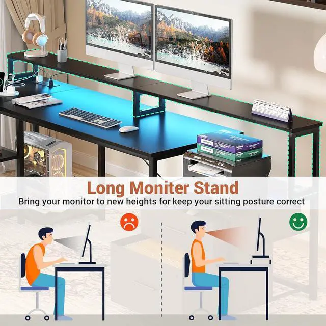 Alt view image 4 of 7 - L Shaped Desk with Power Outlet, Reversible L Shaped Computer Desk with File Drawer & Monitor Stand, Gaming Desks with LED Strip, Home Office Desks with Storage Shelf,1Black
