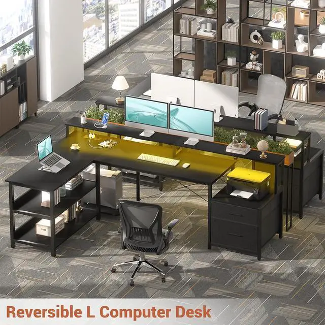 Alt view image 6 of 7 - L Shaped Desk with Power Outlet, Reversible L Shaped Computer Desk with File Drawer & Monitor Stand, Gaming Desks with LED Strip, Home Office Desks with Storage Shelf,1Black