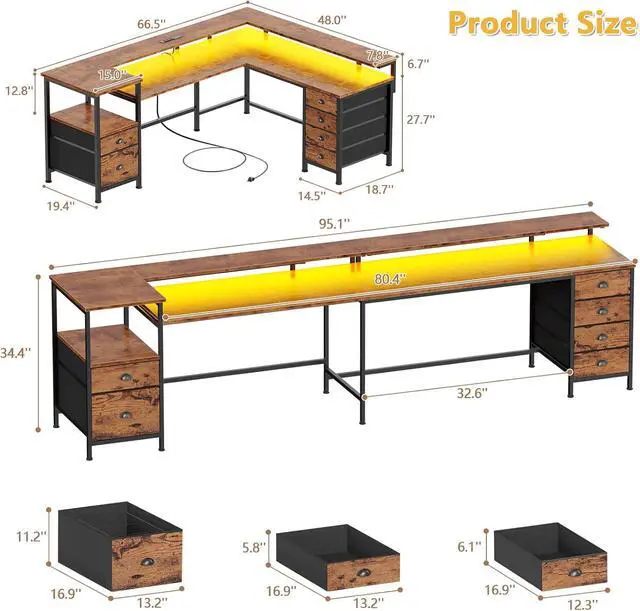 Alt view image 2 of 8 - 95" Two Person Computer Gaming Desk, Long 2 Person Home Office Desk with 6 Drawers & Storage Shelves, Double Table with Power Outlets, LED Lights and Full Monitor Shelf, Rustic Brown