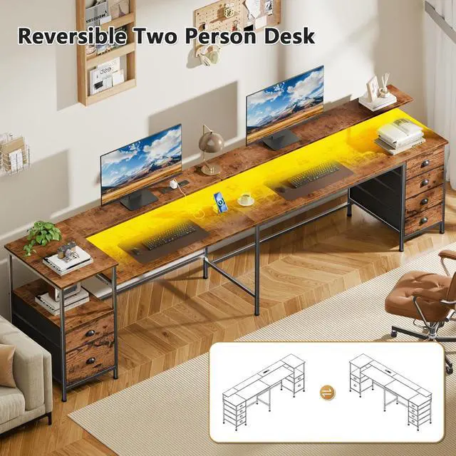 Alt view image 3 of 8 - 95" Two Person Computer Gaming Desk, Long 2 Person Home Office Desk with 6 Drawers & Storage Shelves, Double Table with Power Outlets, LED Lights and Full Monitor Shelf, Rustic Brown