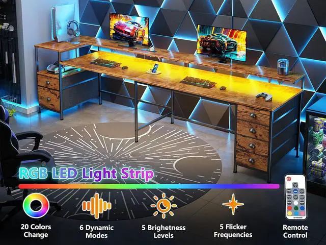 Alt view image 4 of 8 - 95" Two Person Computer Gaming Desk, Long 2 Person Home Office Desk with 6 Drawers & Storage Shelves, Double Table with Power Outlets, LED Lights and Full Monitor Shelf, Rustic Brown